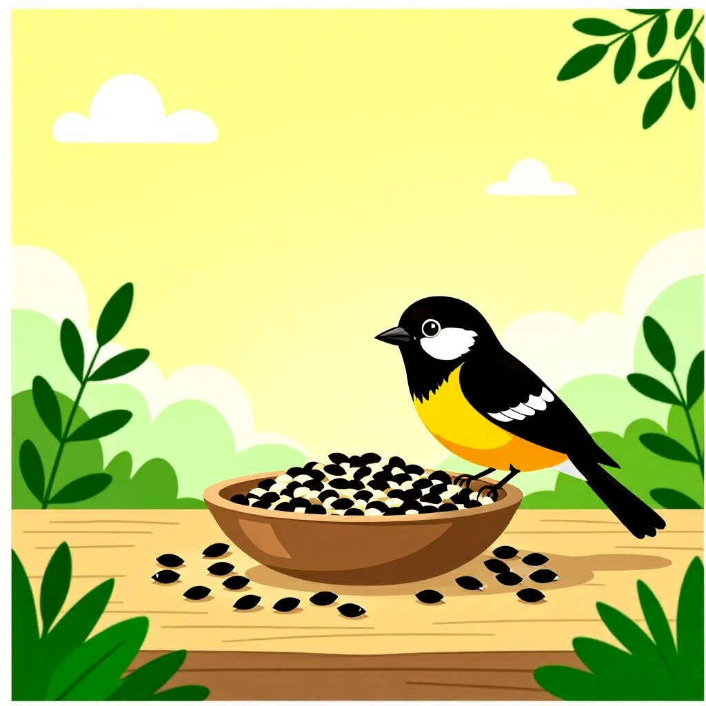 AI生成画像: 鳥の世話に関する画像。画像スタイル: 高繊維シード作成を紹介するコミック風、高品質、詳細