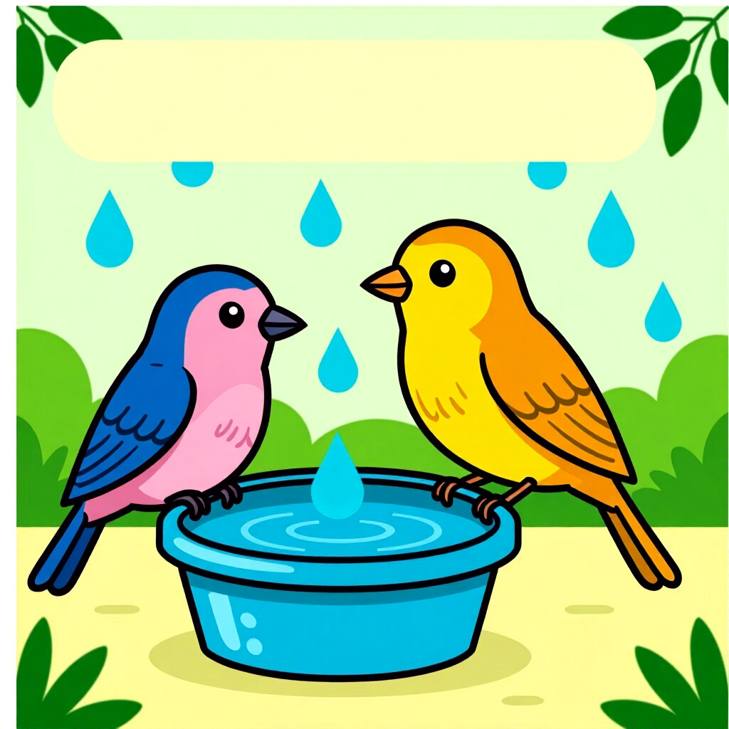 AI generated image: picture about bird care. picture style: comic introduction preparing rainyseason hydration, high qua