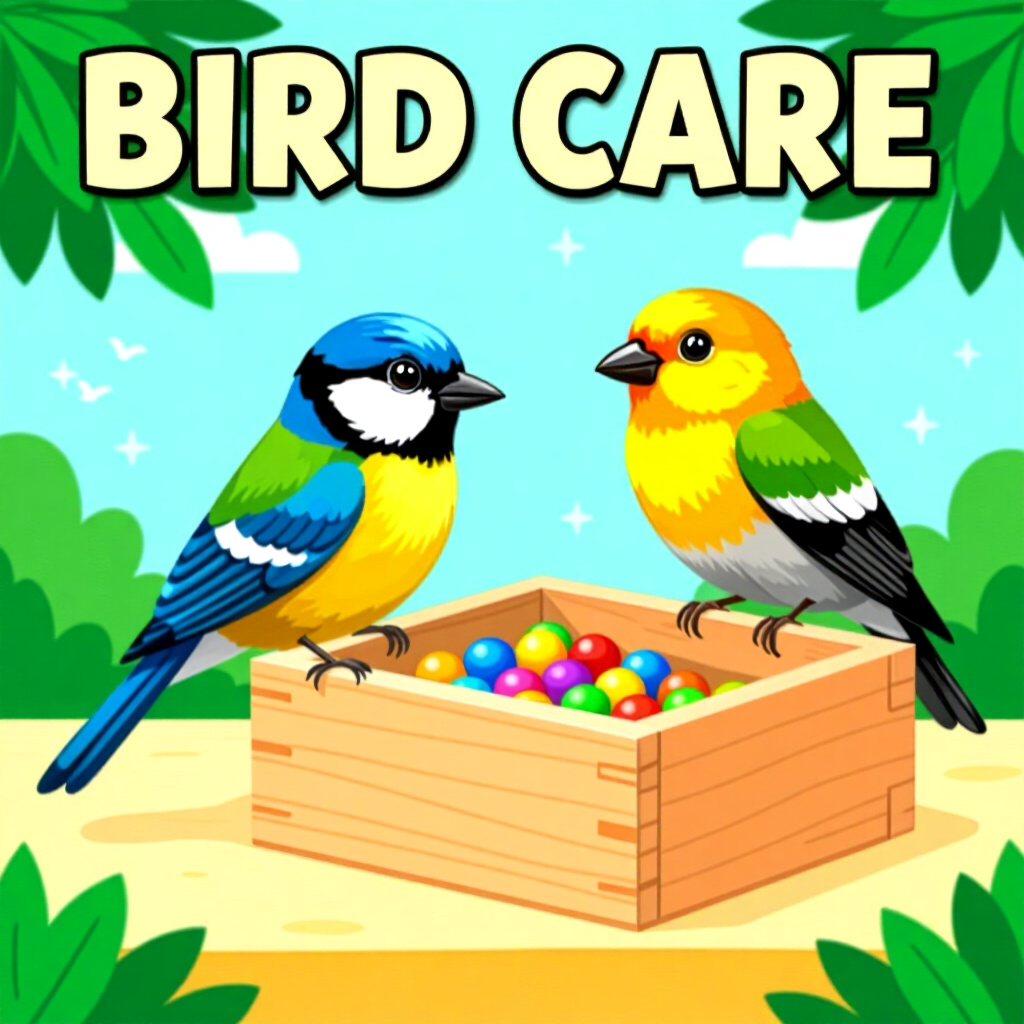 AI generated bird: picture about bird care. picture style: comic introduction bird species sensory enrichment box, high