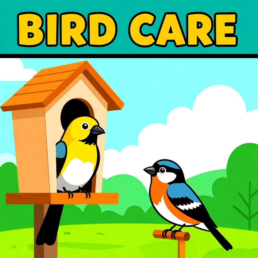 AI generated image: picture about bird care. picture style: comic thoughtful layout matters creating safe outdoor, high