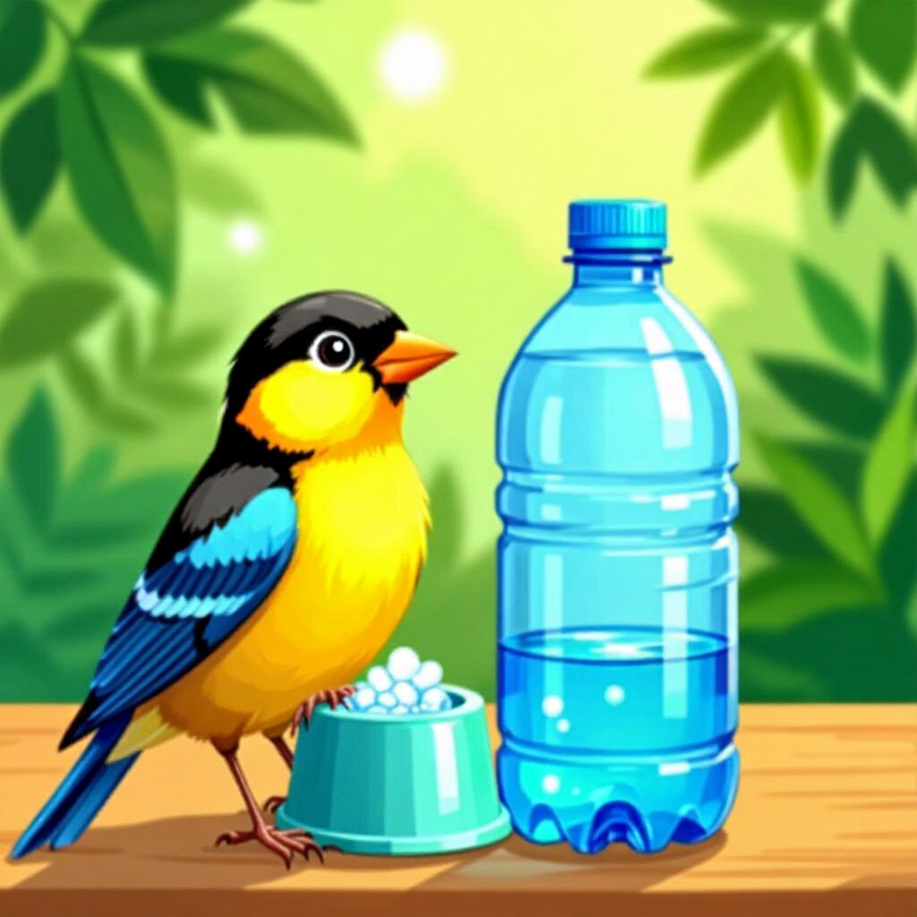 AI generated bird: picture about bird care. picture style: comic bird pets water choice matters diy cleanbottle water,