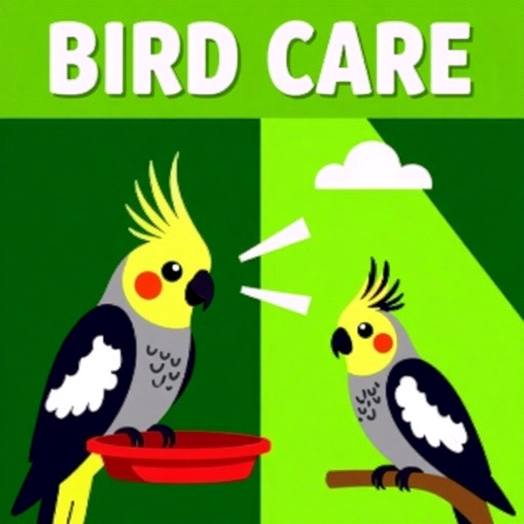 AI generated cockatiel: picture about bird care. picture style: comic introduction cockatiel noise levels compared, high qua