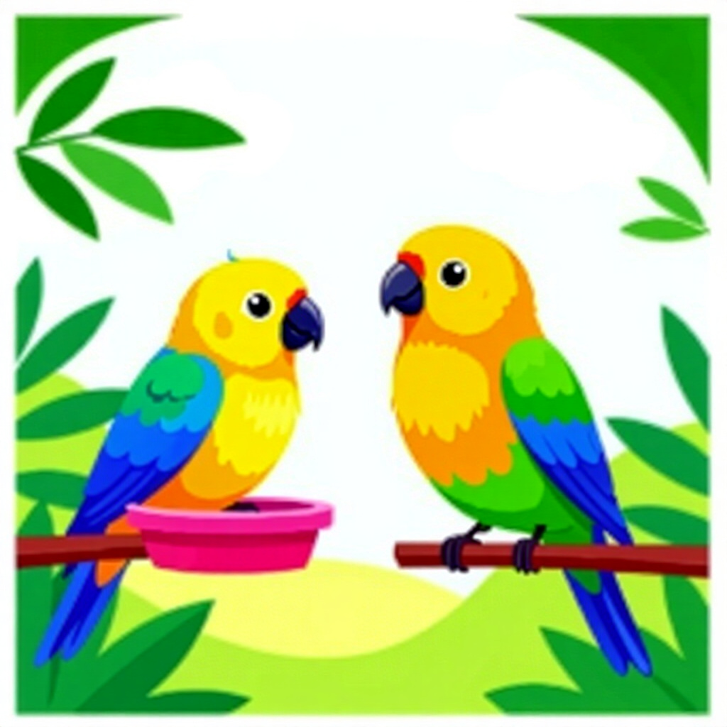 AI generated birds: picture about bird care. picture style: comic introduction pet birds minitraining routine daily, hig