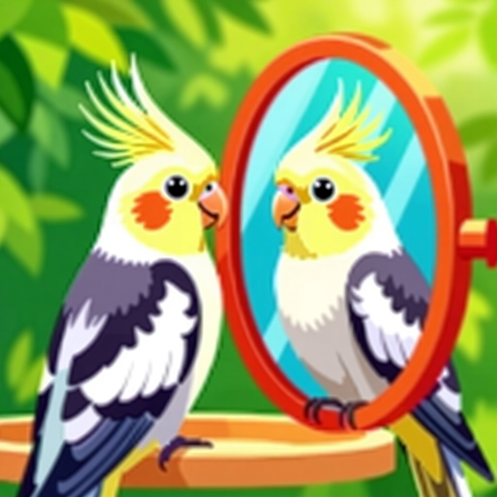 AI generated cockatiel: picture about bird care. picture style: comic introduction cockatiel interactive mirror play, high q