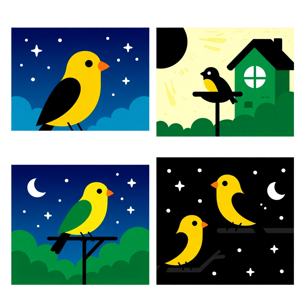 AI generated image: picture about bird care. picture style: comic introduction monitoring adjusting nighttime, high qual