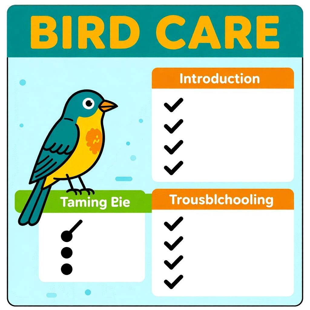 AI generated image: picture about bird care. picture style: comic introduction taming troubleshooting chart, high qualit