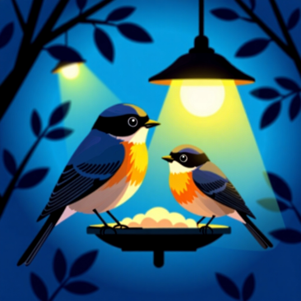 AI generated birds: picture about bird care. picture style: comic introduce dim twilight birds seasonal lighting adjustm