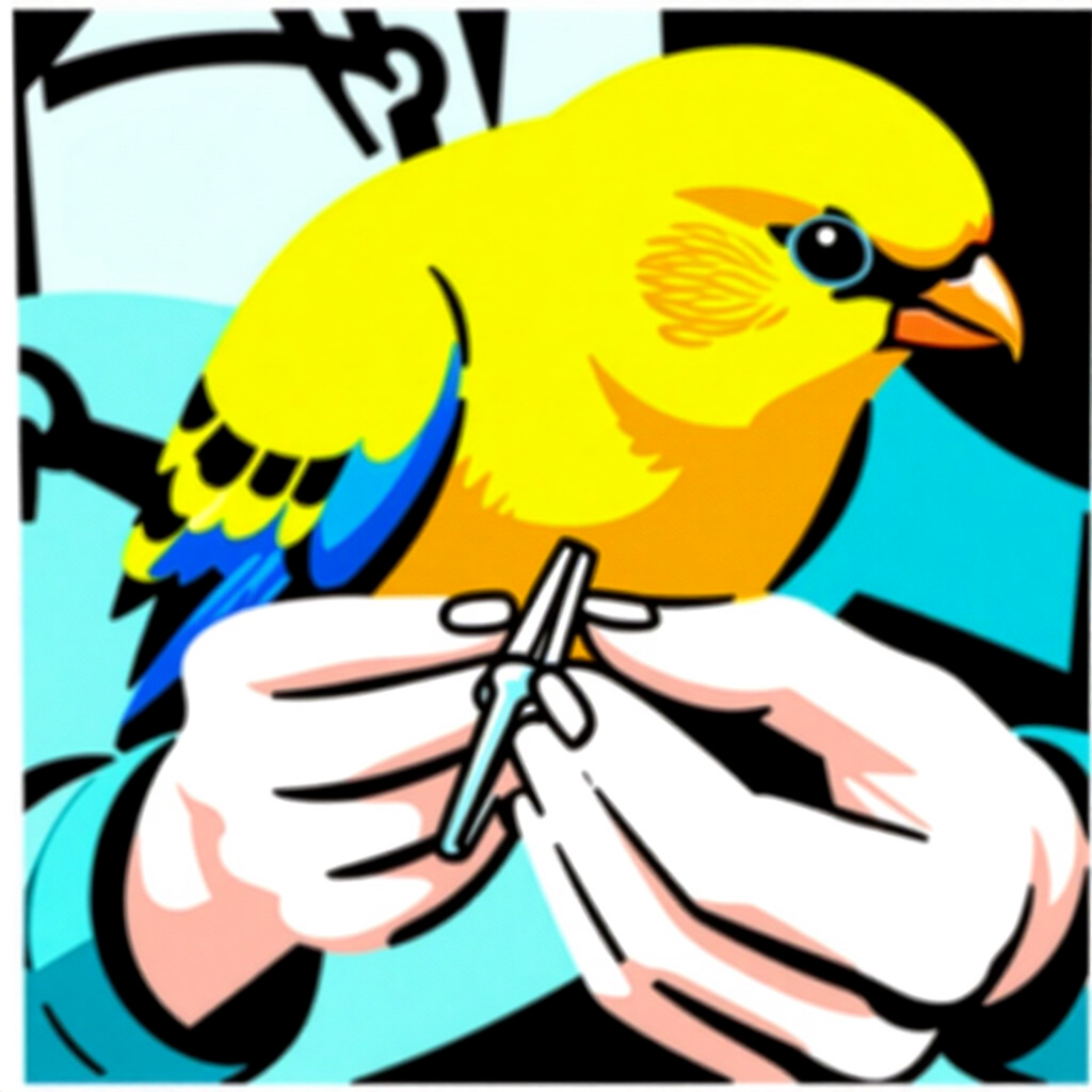 AI生成された鳥：鳥のケアに関する画像。画像スタイル：コミック 自然な摩耗 飼育下の鳥 飼い主 痛みのない爪切り