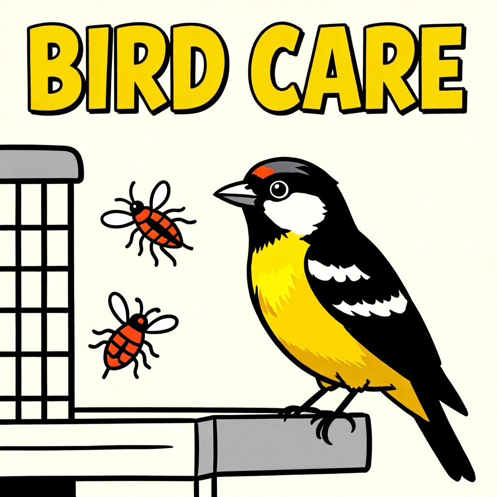 AI generated image: picture about bird care. picture style: comic introduction transitioning storebought insect, high qu