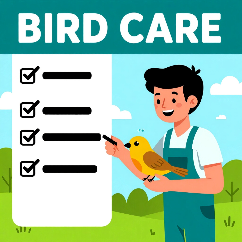 AI generated image: picture about bird care. picture style: comic fosterfirst checklist preparing s m, high quality, det