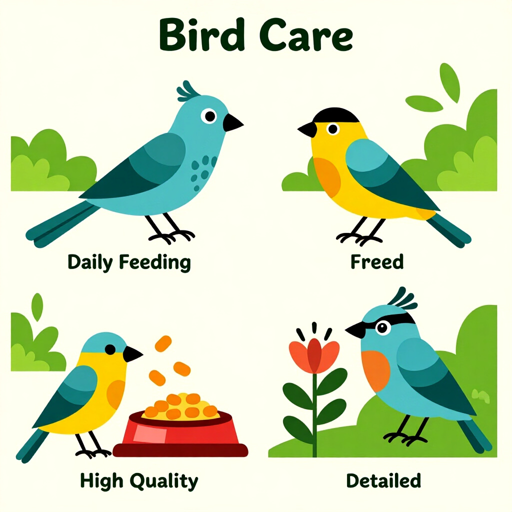 AI generated image: picture about bird care. picture style: comic introduction designing daily feeding, high quality, de