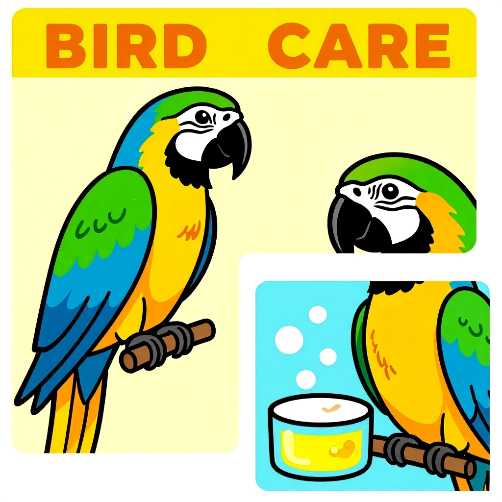 AI generated parrots: picture about bird care. picture style: comic parrots home remedies dietary s m, high quality, detai