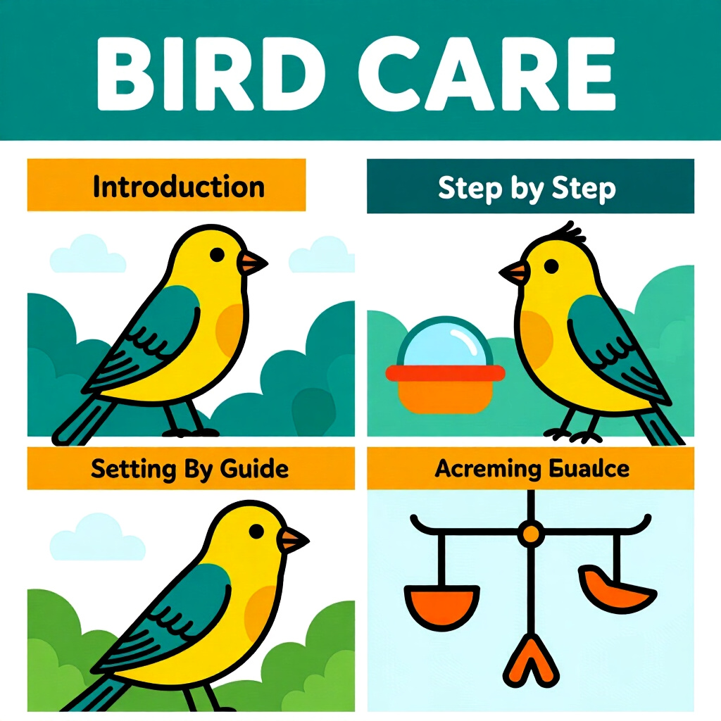 AI generated image: picture about bird care. picture style: comic introduction stepbystep guide setting, high quality, d