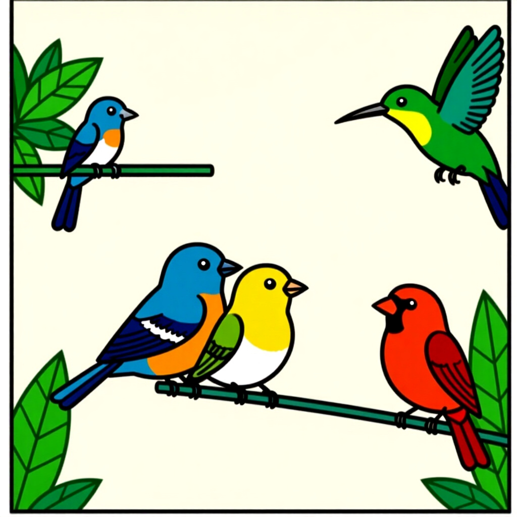 AI生成画像: 鳥の世話に関する画像。画像スタイル: コミック風、適切なバーのサイズと間隔の選択について紹介、高品質