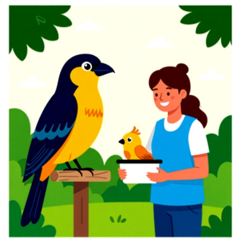 AI generated image: picture about bird care. picture style: comic earn community service s m, high quality, detailed
