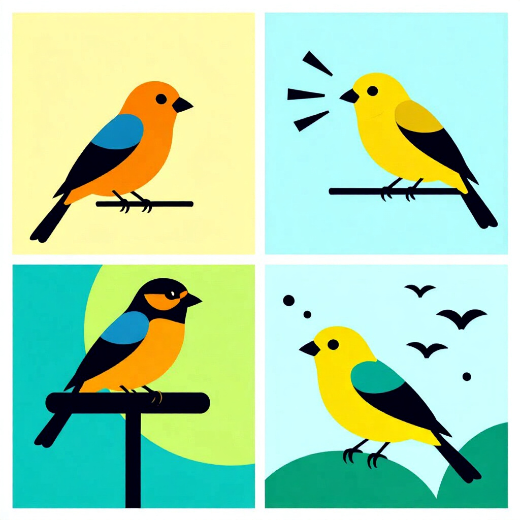 AI generated birds: picture about bird care. picture style: comic core principles behind birds noise management small, h