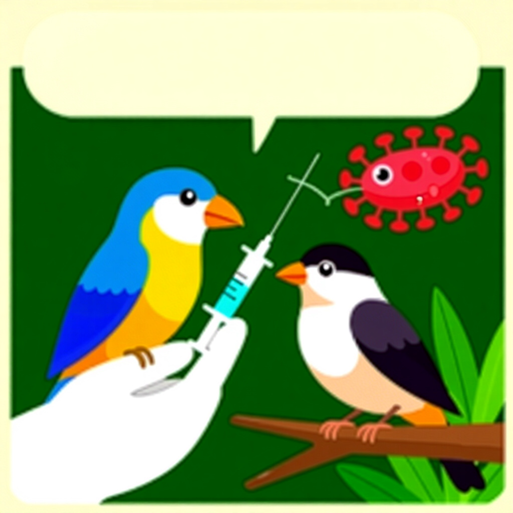 AI生成画像: 鳥のケアに関する画像。画像スタイル: ワクチン接種と自然な寄生虫統合のコミック、高品質
