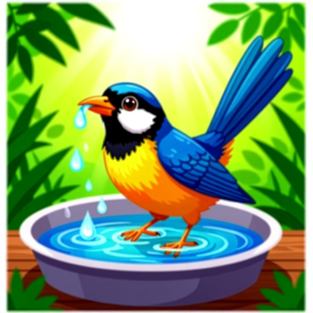 AI generated image: picture about bird care. picture style: comic introduction integrating water bath, high quality, det
