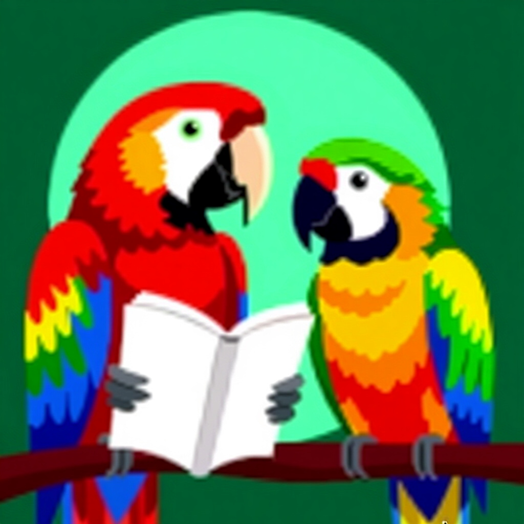 AI generated parrots: picture about bird care. picture style: comic introduction parrots reading signals decoding, high qu
