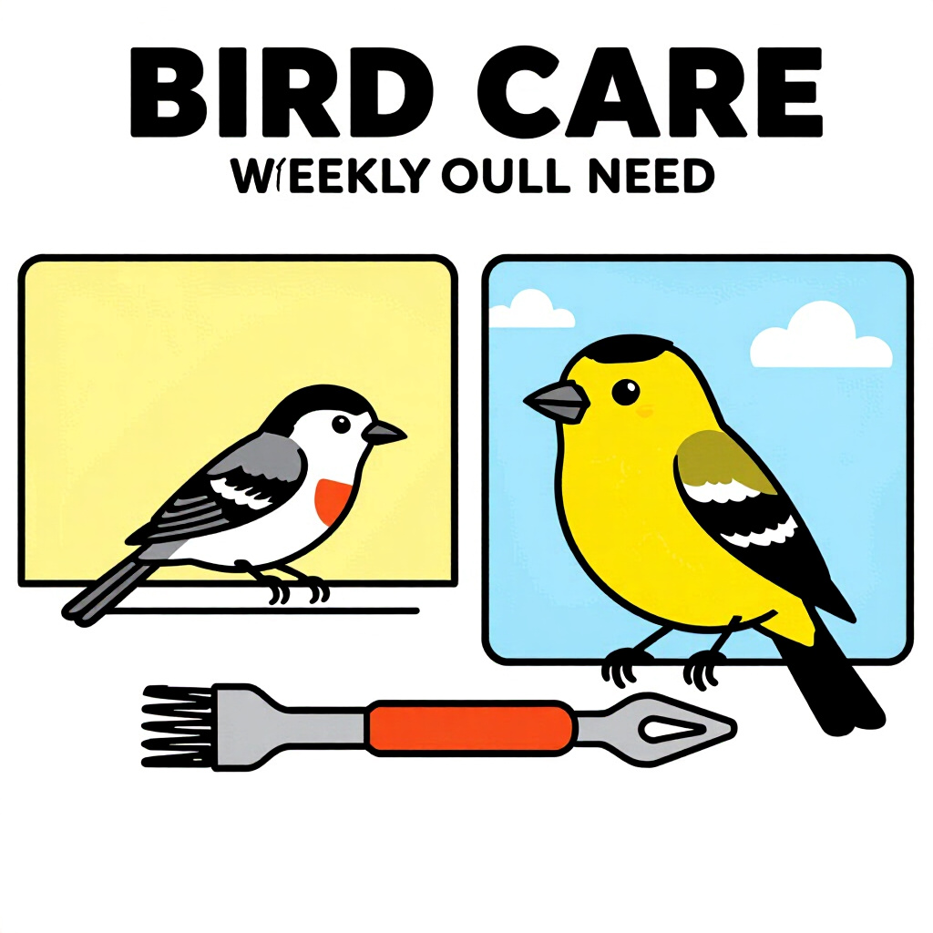 AI generated bird: picture about bird care. picture style: comic tools youll need bird conduct weekly treat, high quali
