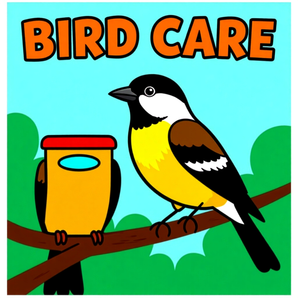 AI generated image: picture about bird care. picture style: comic introduction clickerfree transition phasing, high qual