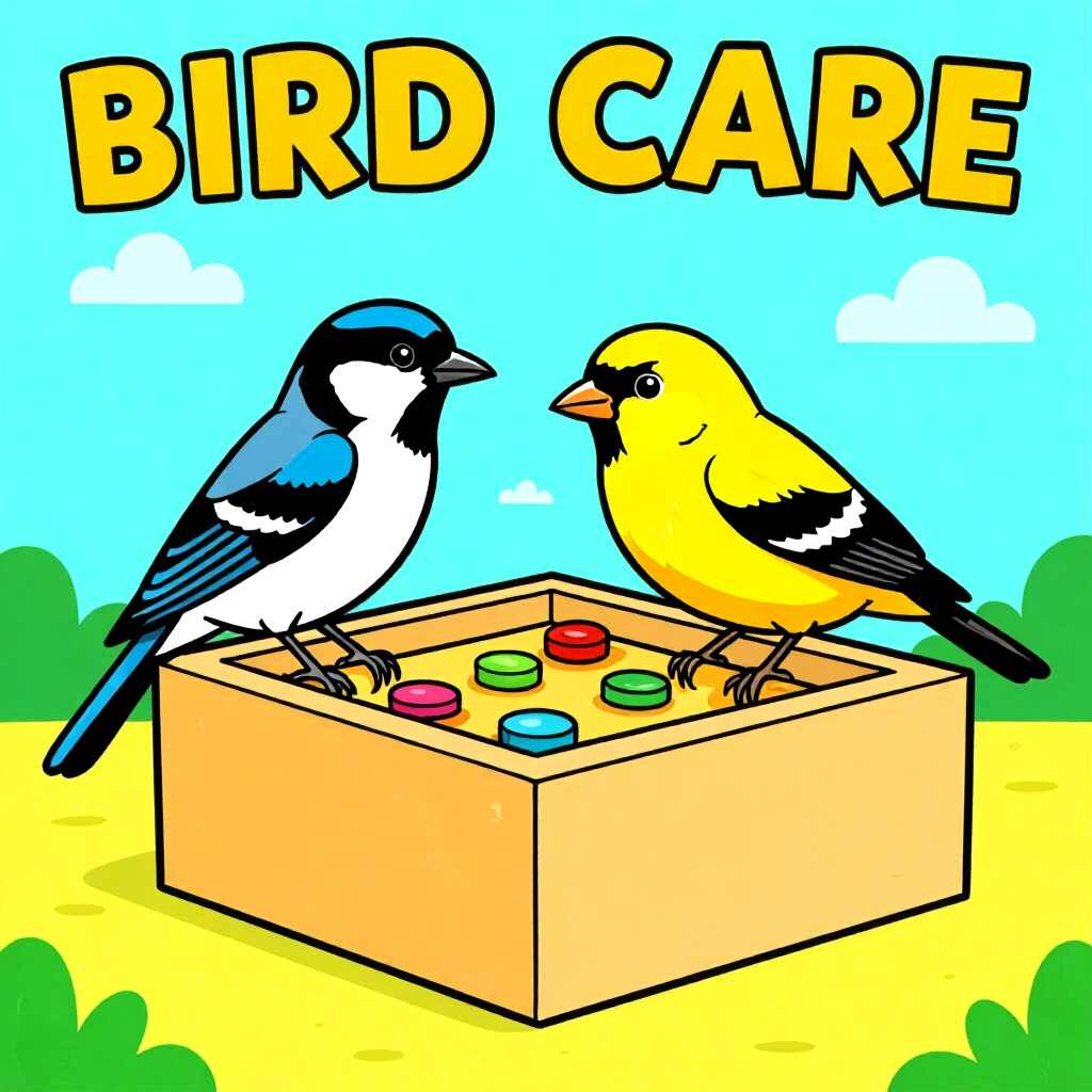 AI generated bird: picture about bird care. picture style: comic introduction bird species sensory enrichment box, high