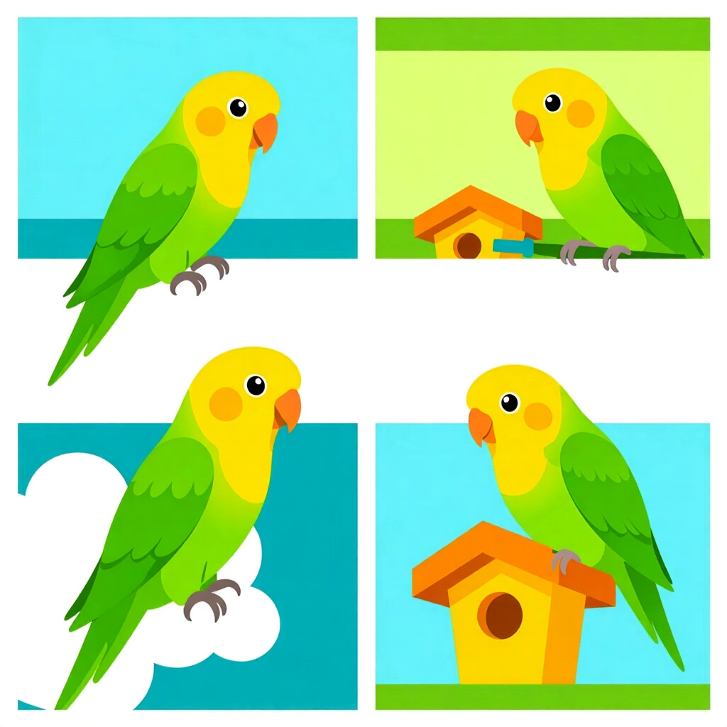 AI生成のインコ:鳥のケアに関する画像。画像スタイル:コミック風紹介、適切なインコの種類選び、高品質