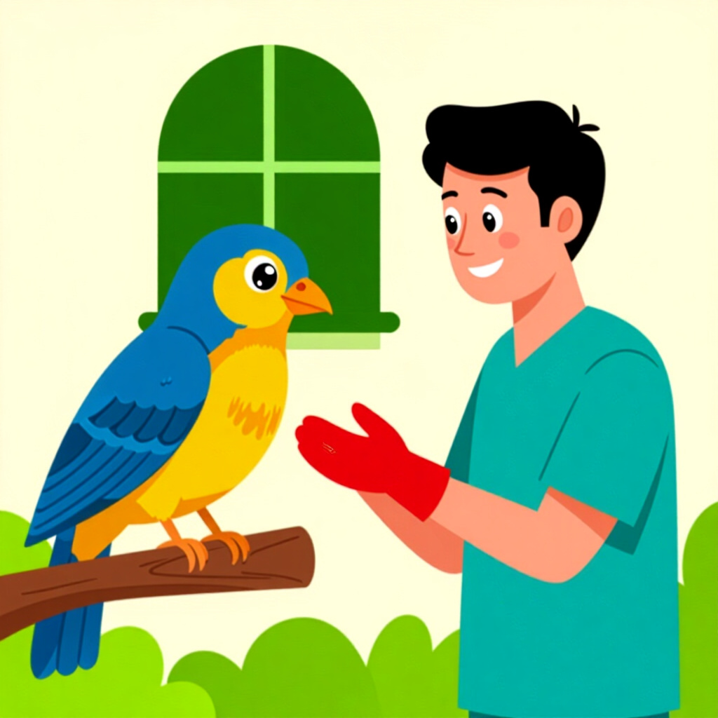 AI generated画像: 鳥のお世話に関する絵。絵のスタイル: リバウンド防止コミック紹介、高品質、詳細