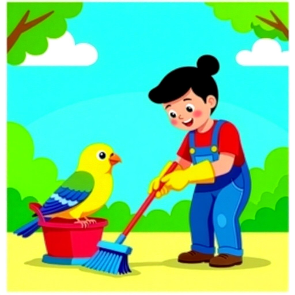 AI generated image: picture about bird care. picture style: comic set daily spotcleaning s m, high quality, detailed