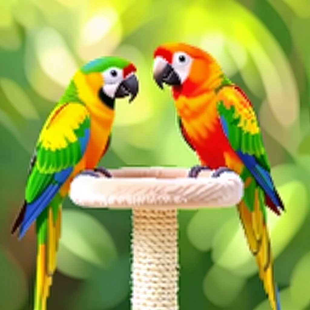 AI生成のオウム:鳥の世話に関する画像。画像スタイル:コミックの止まり木のおもちゃ設定、小鳥を保護するオウム