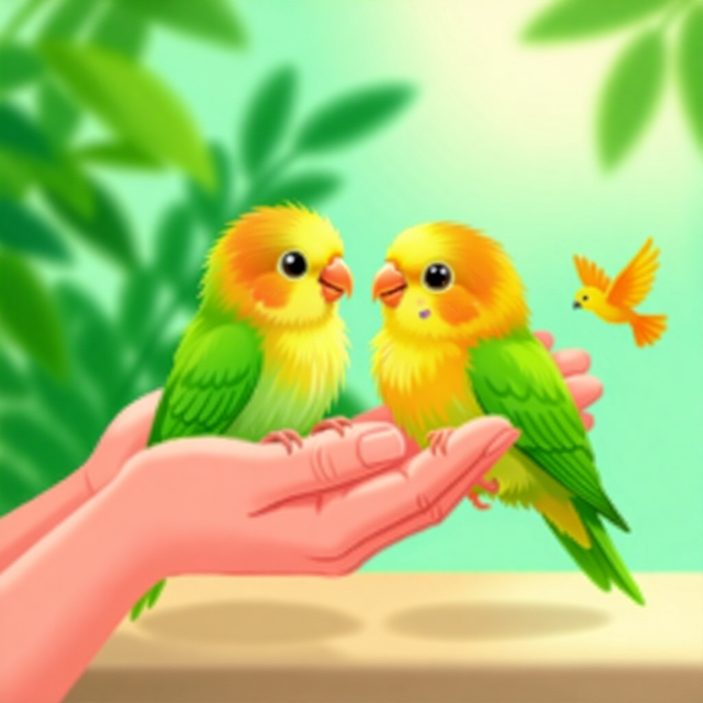 AI生成のオウム:鳥のケアに関する画像。画像スタイル:コミック114 社会化 手飼いのボタンインコのヒナを変える、h