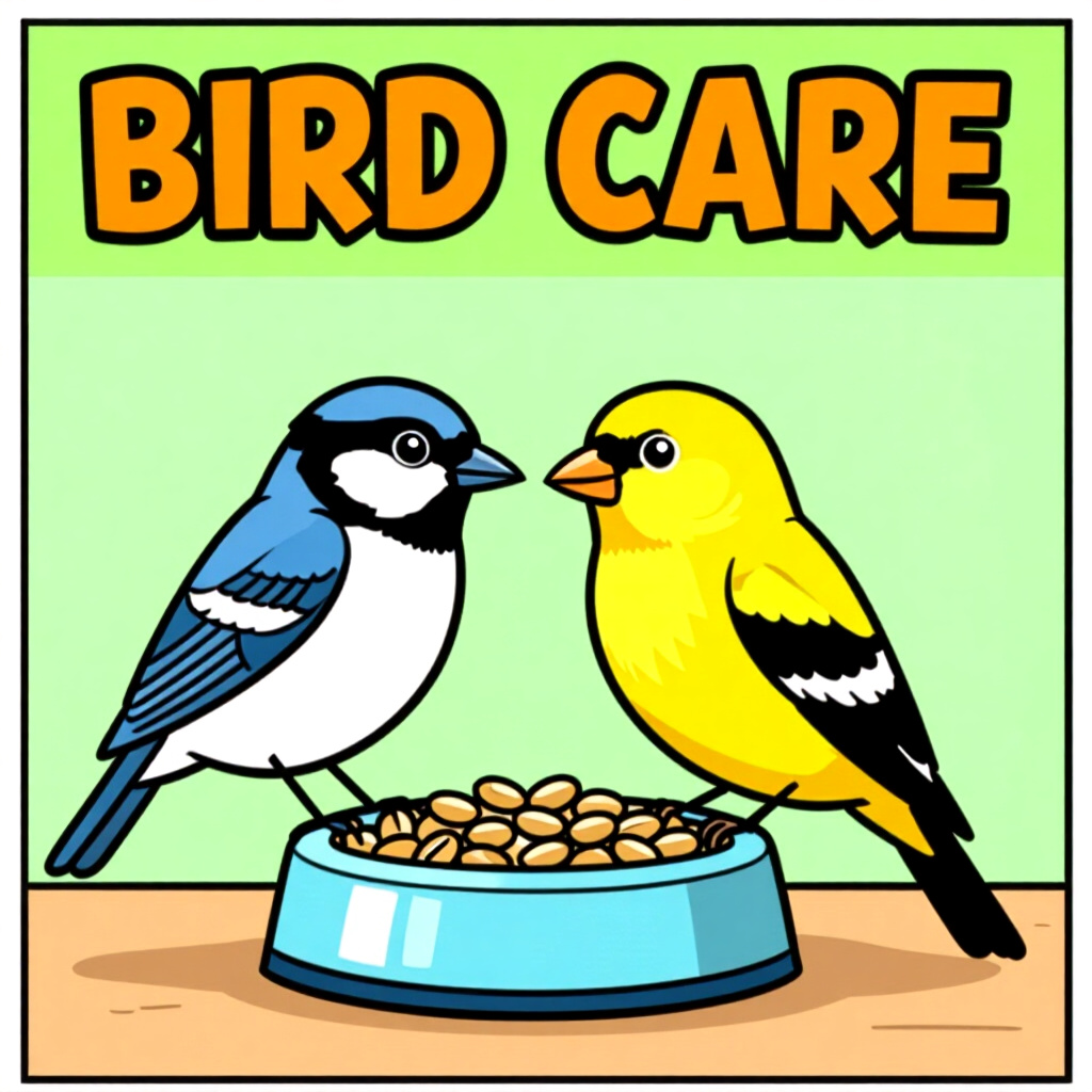AI generated image: picture about bird care. picture style: comic reward seed nibble weight management strategies, high