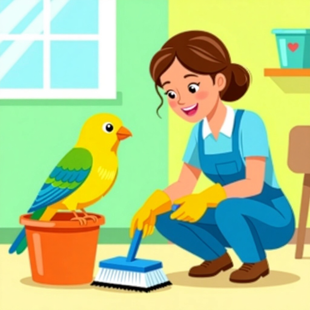 AI generated image: picture about bird care. picture style: comic timing everything set daily spotcleaning, high quality