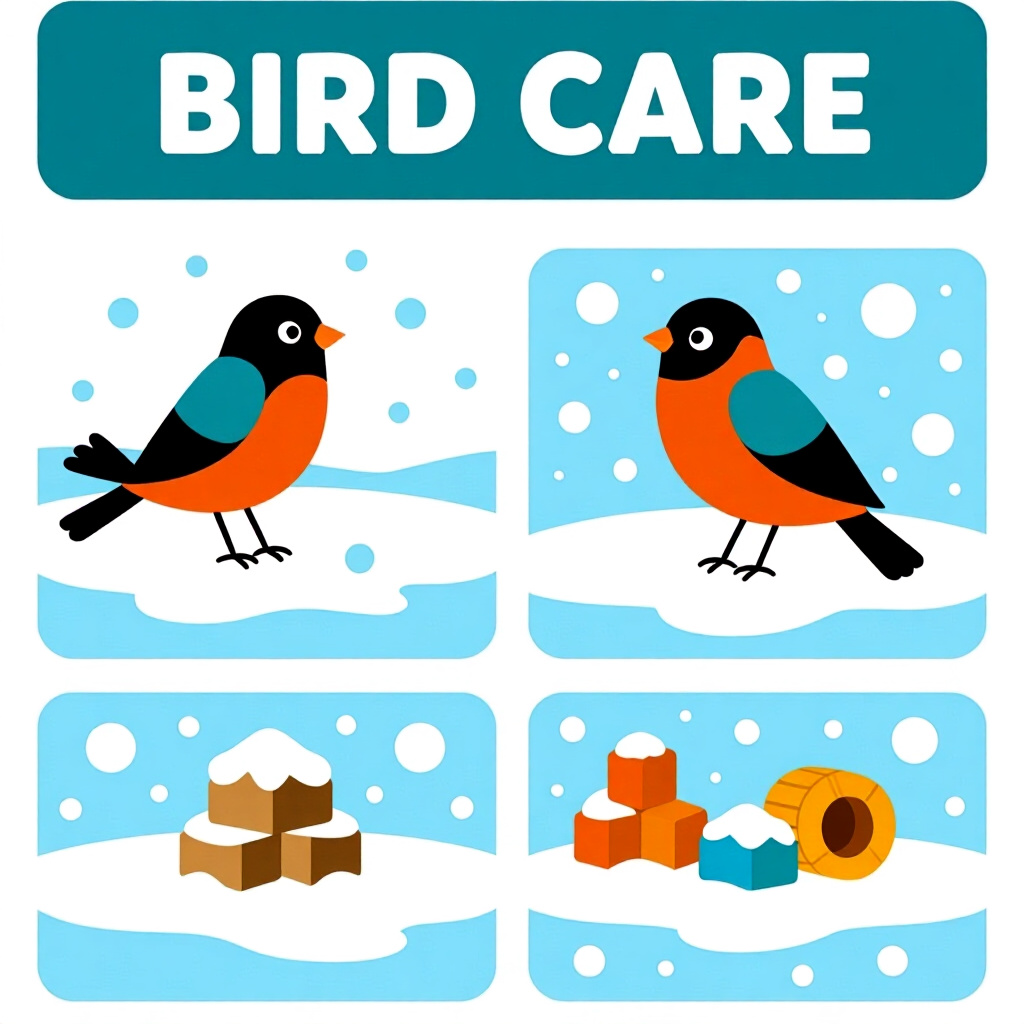 AI generated image: picture about bird care. picture style: comic introduction winter comfort stepbystep guide insulatin