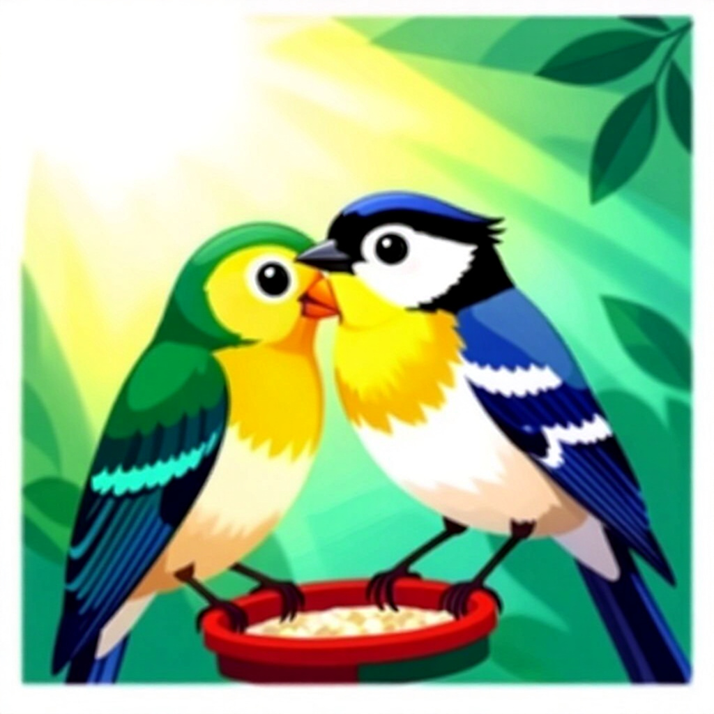 AI生成された鳥:鳥のケアに関する画像。画像スタイル:漫画 日常的な視覚検査 鳥 ペット 光誘発性眼障害の予防