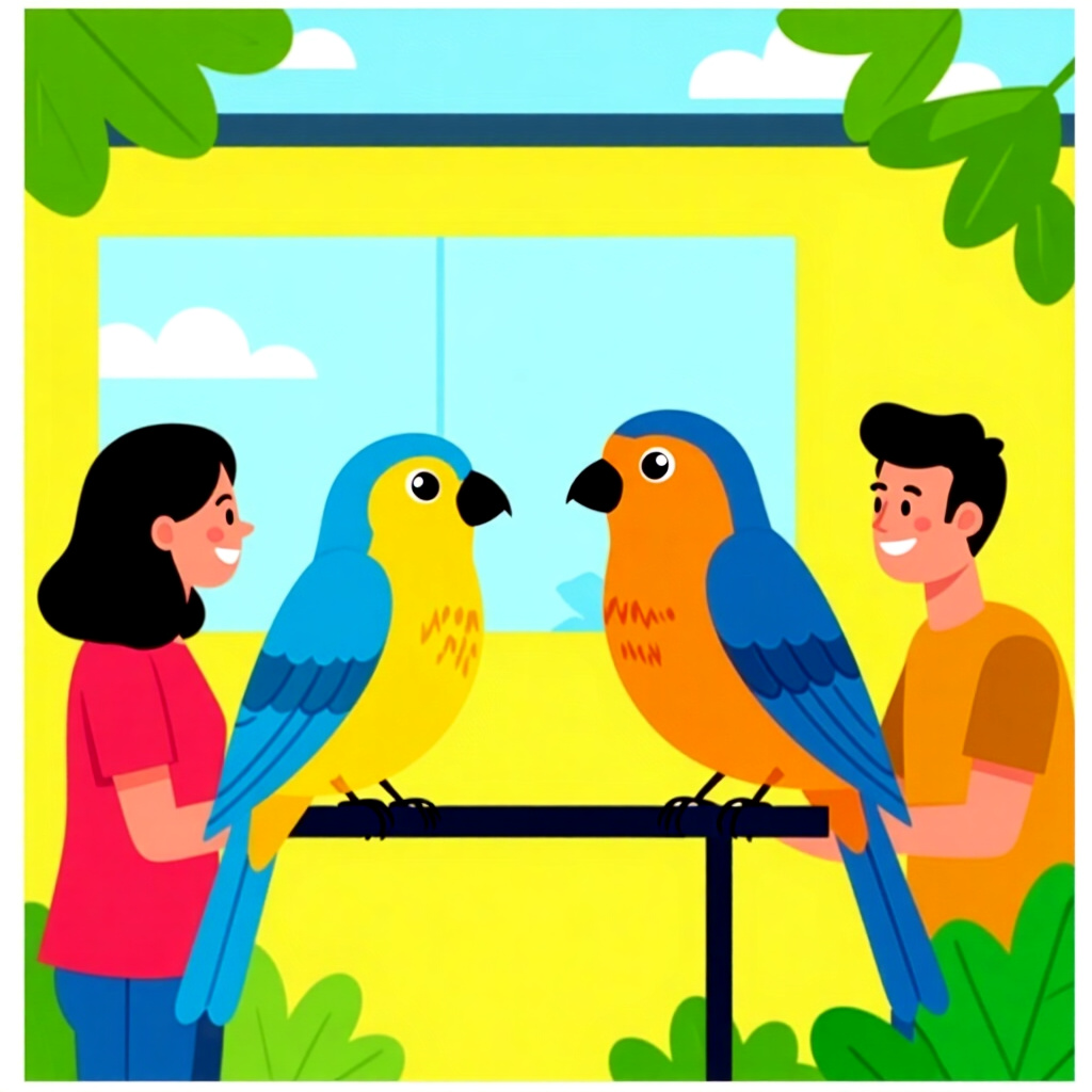 AI generated image: picture about bird care. picture style: comic introduction owners community building starting, high