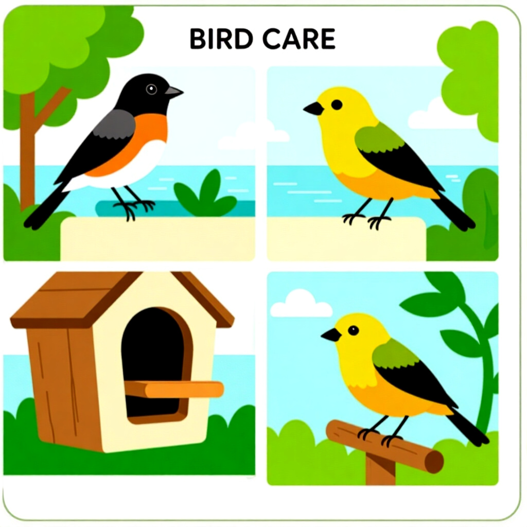 AI generated image: picture about bird care. picture style: comic introduction finetuned microhabitat stepbystep guide s