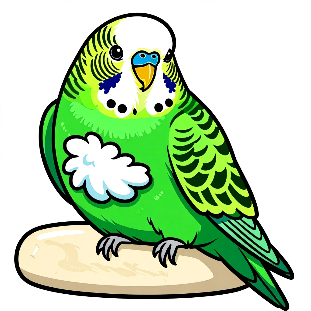 AI生成画像:鳥のケアに関する画像。画像スタイル:コミック 羽毛をふくらませる健康理解 セキセイインコの体、hig