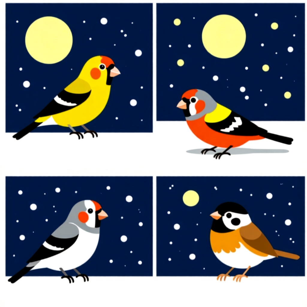 AI generated finch: picture about bird care. picture style: comic introduction finch species nighttime taming using, hig