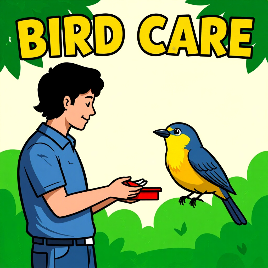 AI generated image: picture about bird care. picture style: comic introduction recall cue building, high quality, detail