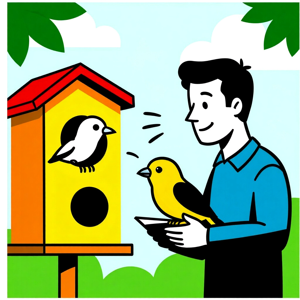 AI generated image: picture about bird care. picture style: comic introduction managing noise levels, high quality, deta