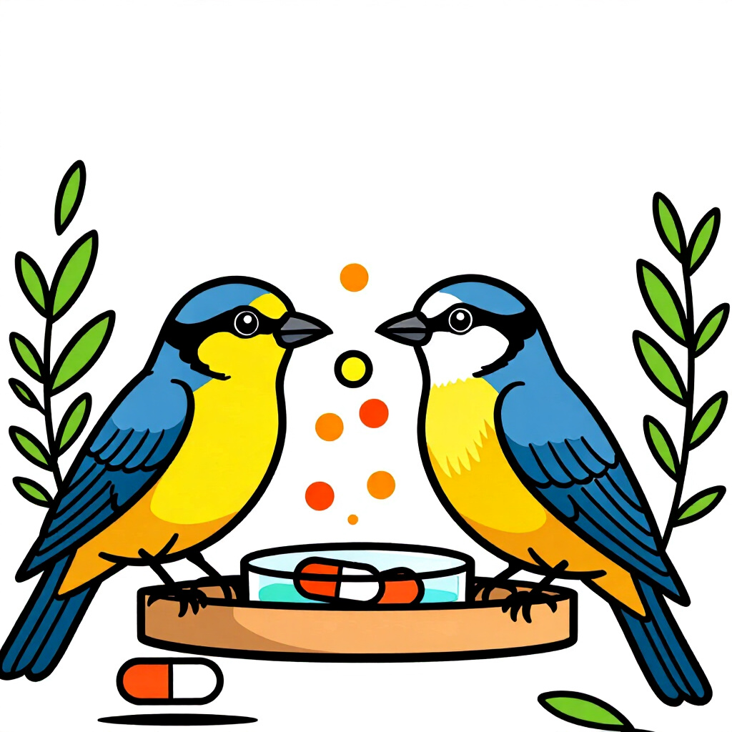 AI generated birds: picture about bird care. picture style: comic introduction birds integrating probiotic vitamin, high