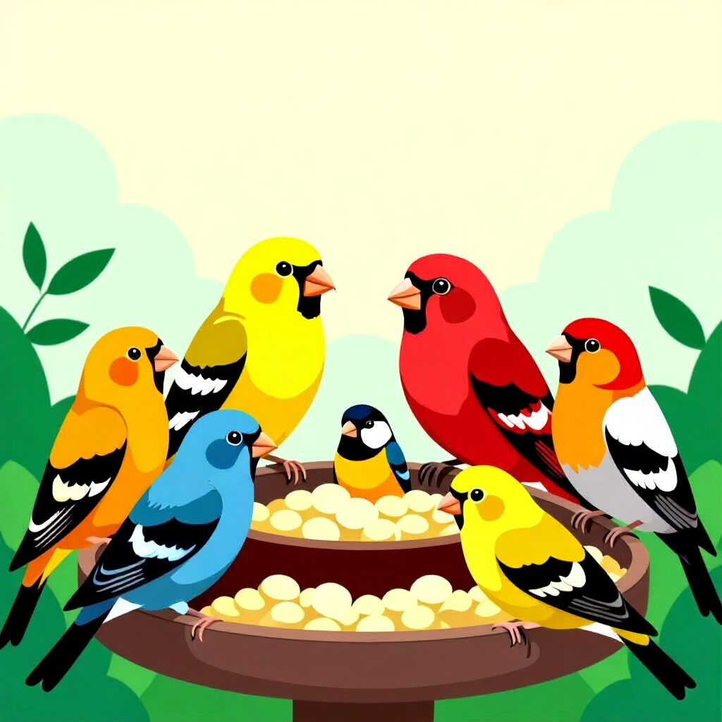 AI generated bird: picture about bird care. picture style: comic introduction finch managing multibird society, high qu