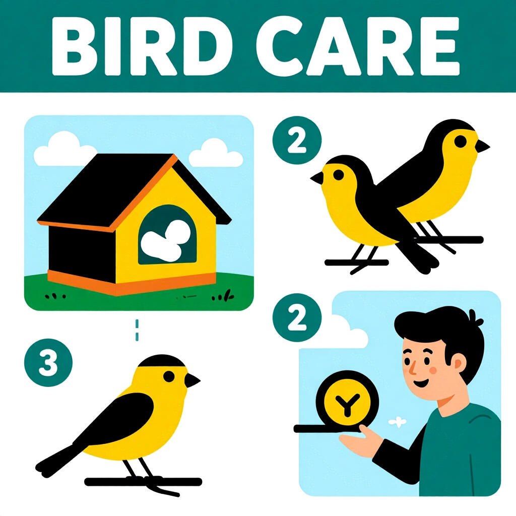 AI生成画像:鳥の飼育に関する絵。絵のスタイル:コミック風イントロダクション ステップバイステップガイド 断熱、高品質