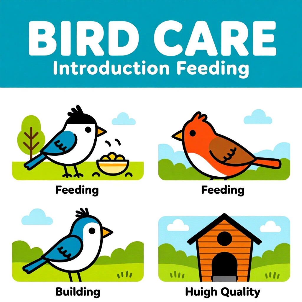 AI generated image: picture about bird care. picture style: comic introduction budgetfriendly feeding building, high qua