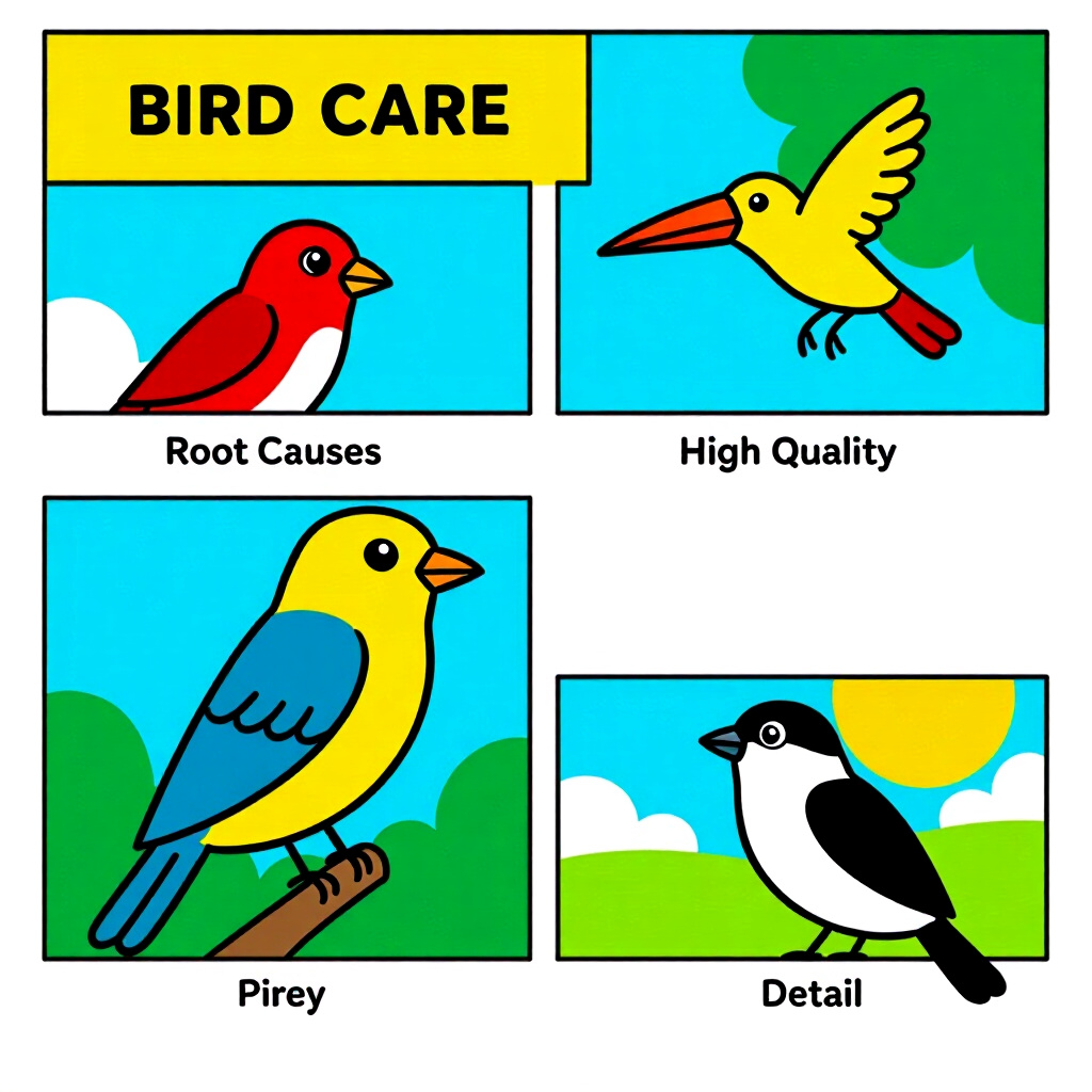 AI generated image: picture about bird care. picture style: comic introduction identifying root causes, high quality, de