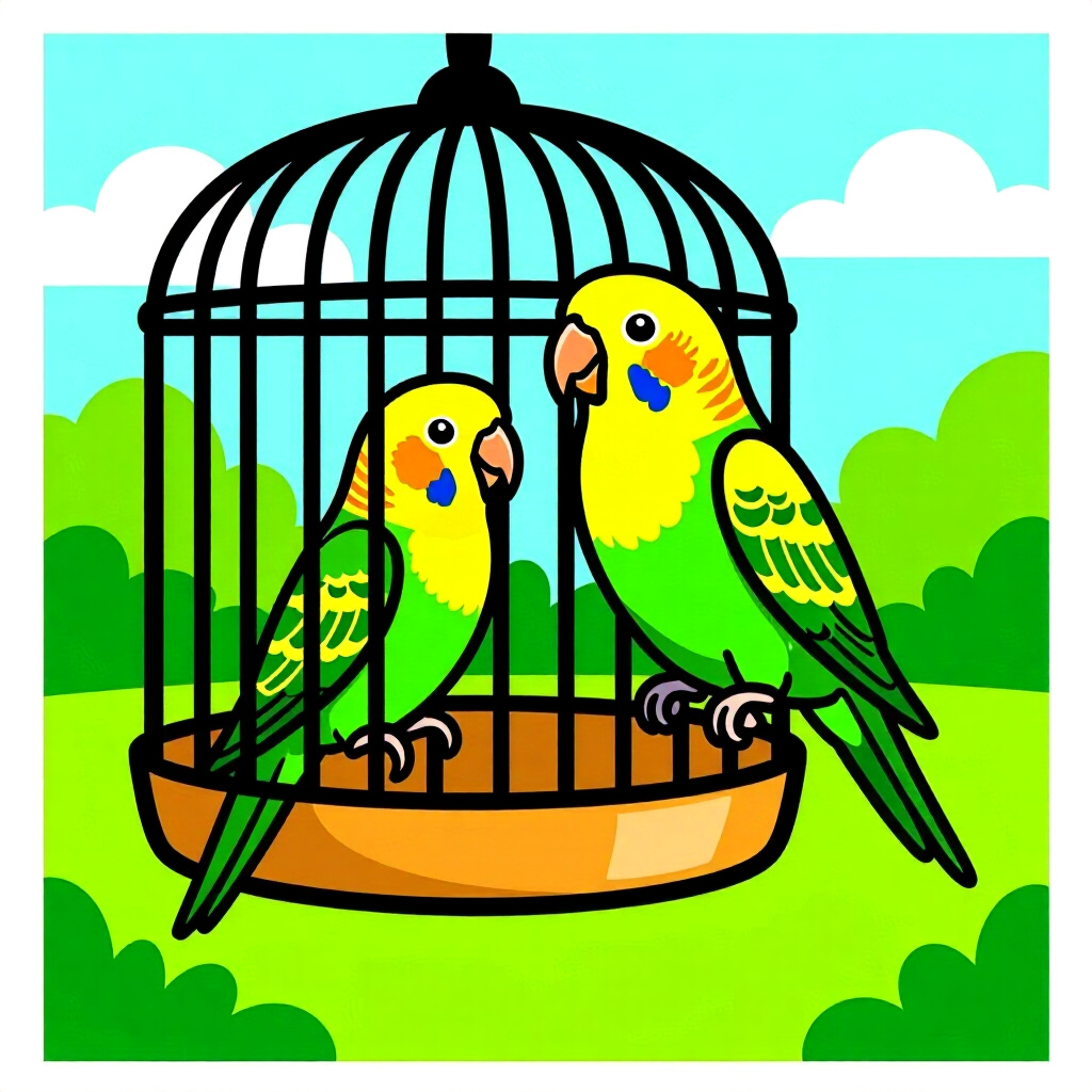 AI generated image: picture about bird care. picture style: comic right cage matters set perfect grassparakeet, high qua