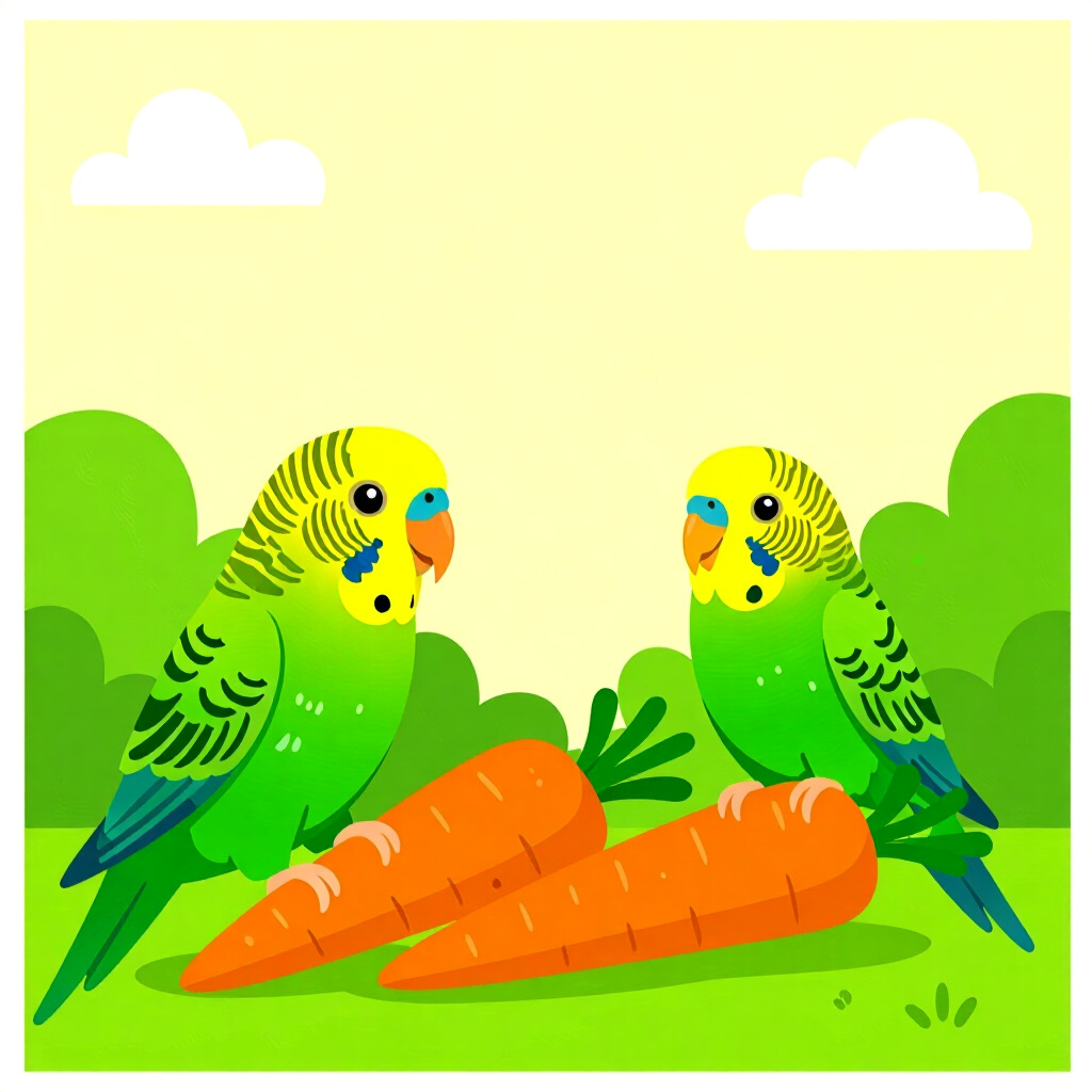 AI生成画像:鳥の世話に関する画像。画像スタイル:セキセイインコが好む野菜をコミカルに紹介する、高品質で詳細な描写
