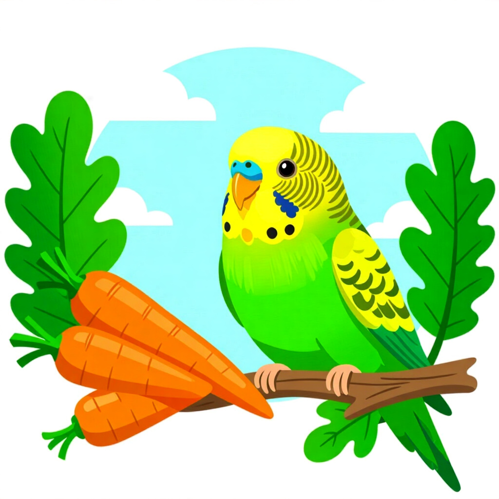 AI generated image: picture about bird care. picture style: comic introduction veggies parakeet love, high quality, deta