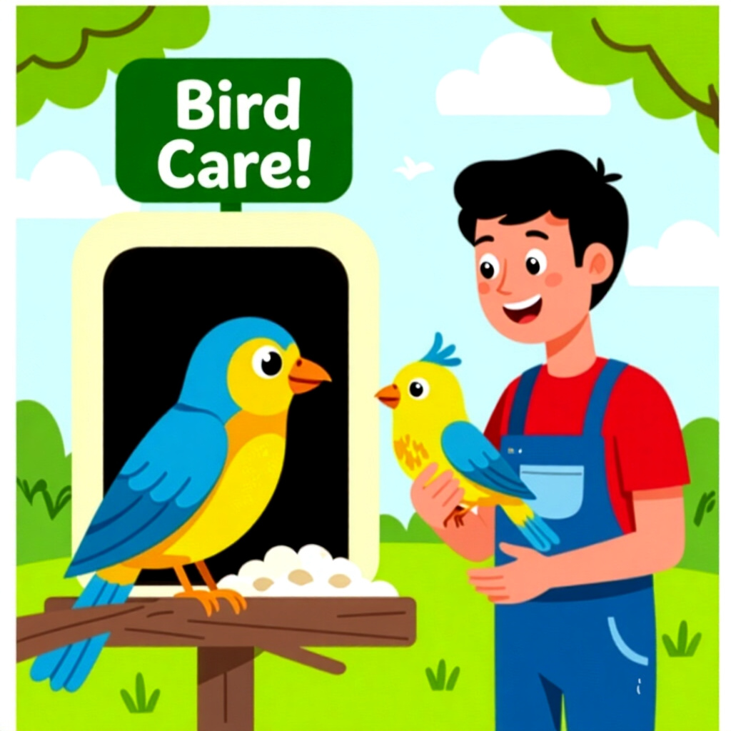 AI生成画像:鳥のケアに関する画像。画像スタイル:コミック風、社会的相互作用戦略の紹介、高品質